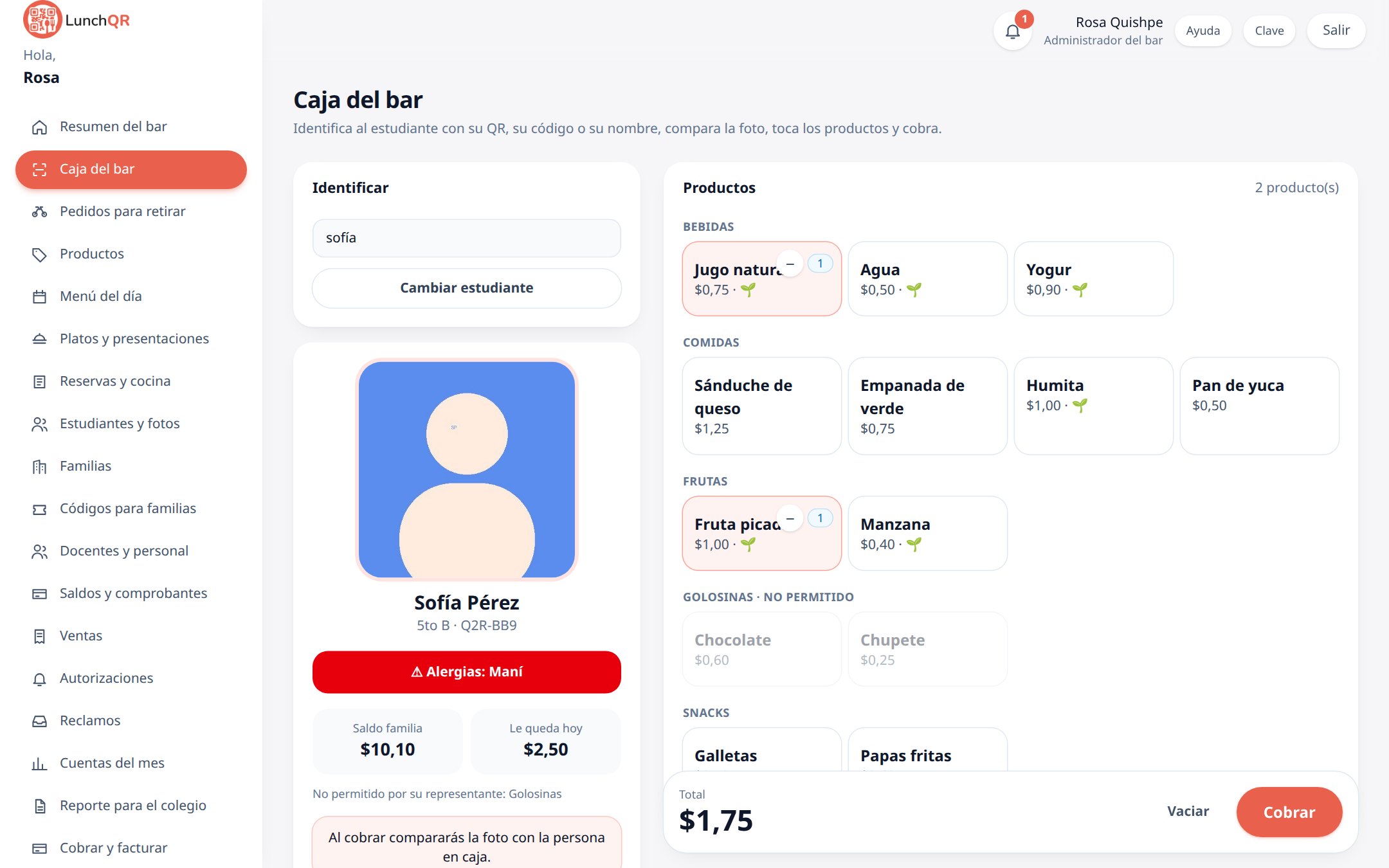 Caja del bar: foto del estudiante, alergias y productos del recreo