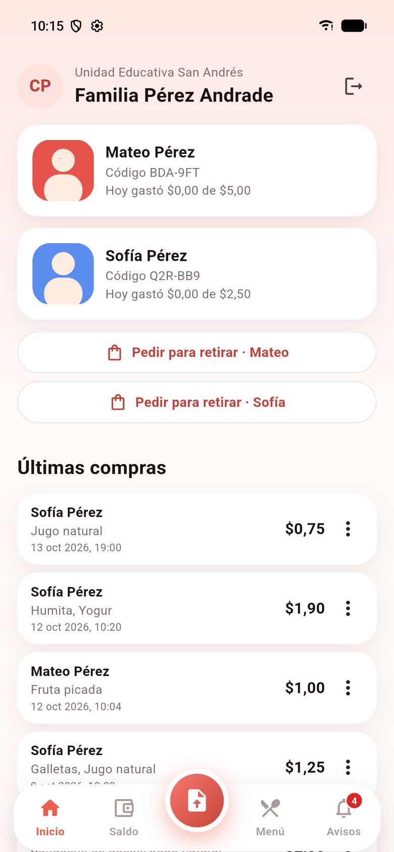 El representante ve el saldo, lo que gastó cada hijo y autoriza una compra desde el celular