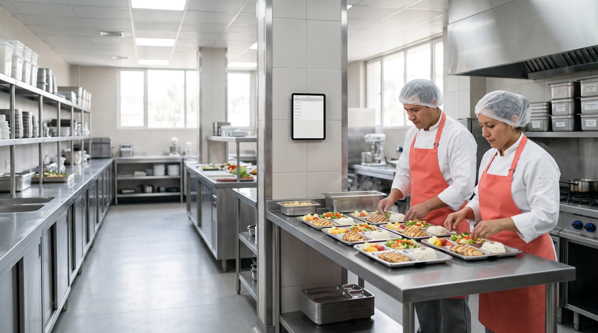 Cocina del bar escolar preparando bandejas de almuerzo saludable según las reservas